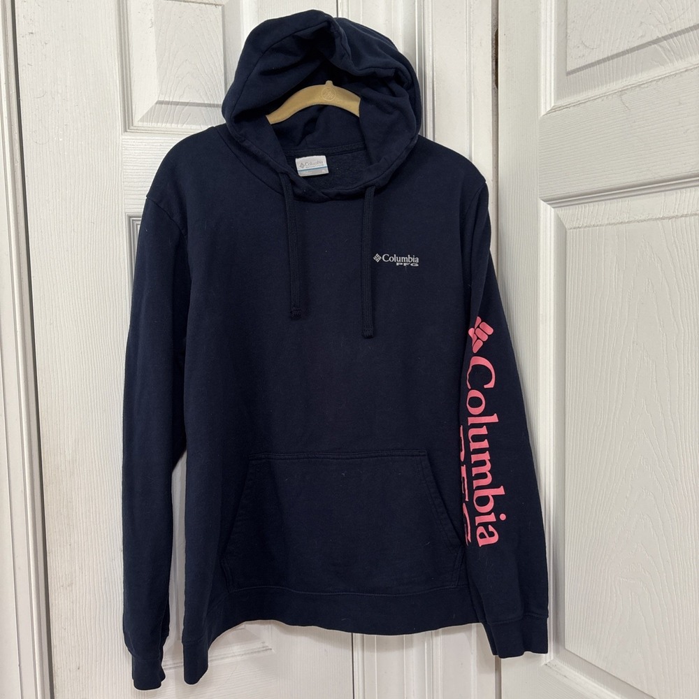 Columbia PFG Hooded Sweatshirt Pocket Adult Sz XL Blue Graphic Spellout 1898711